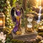 Figura Diosa de la Fortuna con alas y reloj de arena morada 17x19 cm