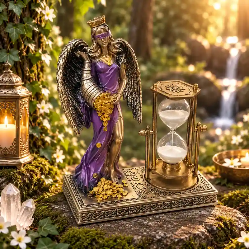 Figura Diosa de la Fortuna con alas y reloj de arena morada 17x19 cm