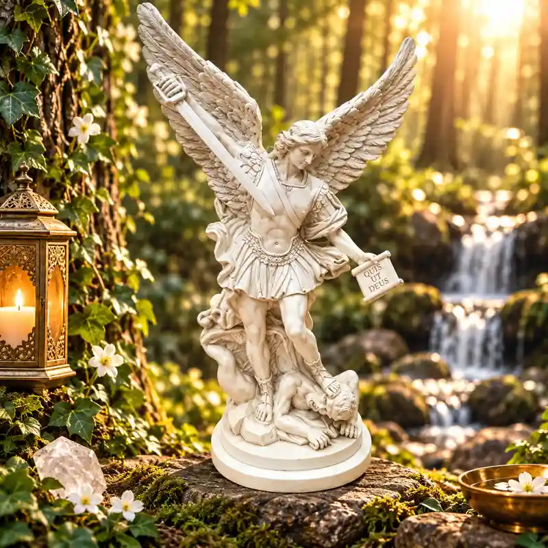 Figura San Miguel Arcángel en resina blanca 30 cm con espada