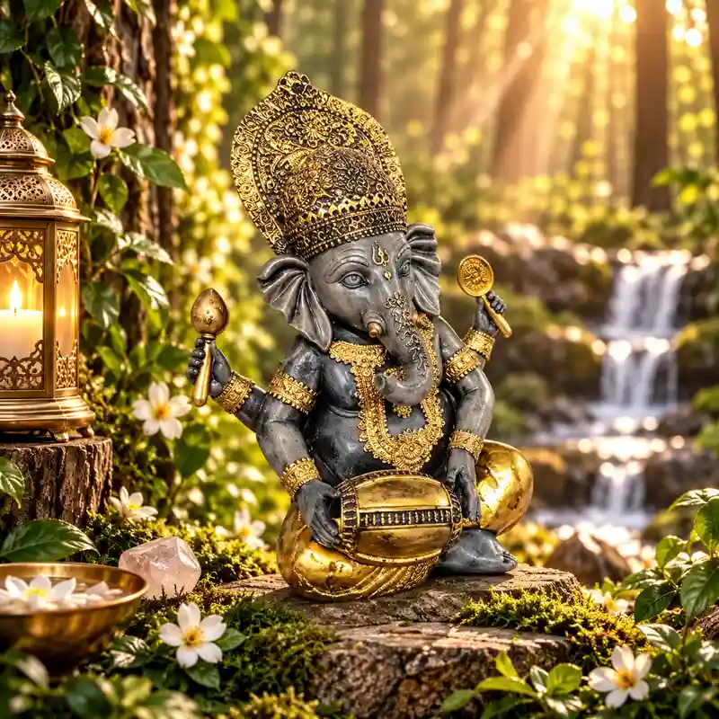 Figura Ganesha con tambor en resina 22 cm dorado y gris