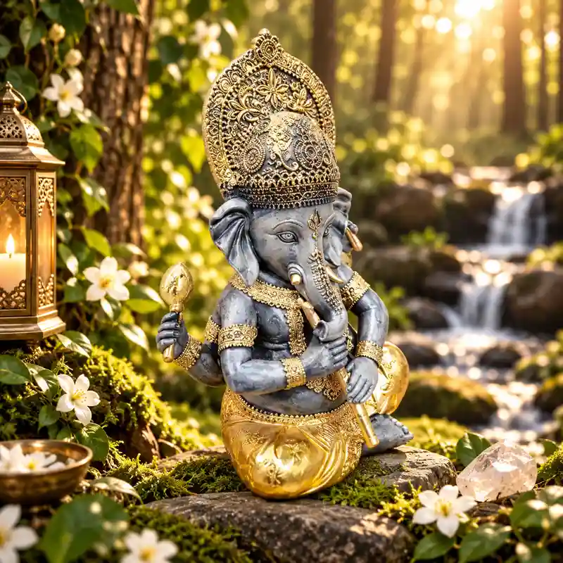 Figura Ganesha con flauta en resina 22 cm dorado y gris1