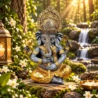 Figura Ganesha con flauta en resina 22 cm dorado y gris