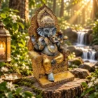 Figura Ganesha en trono de resina 24 cm dorado y gris1