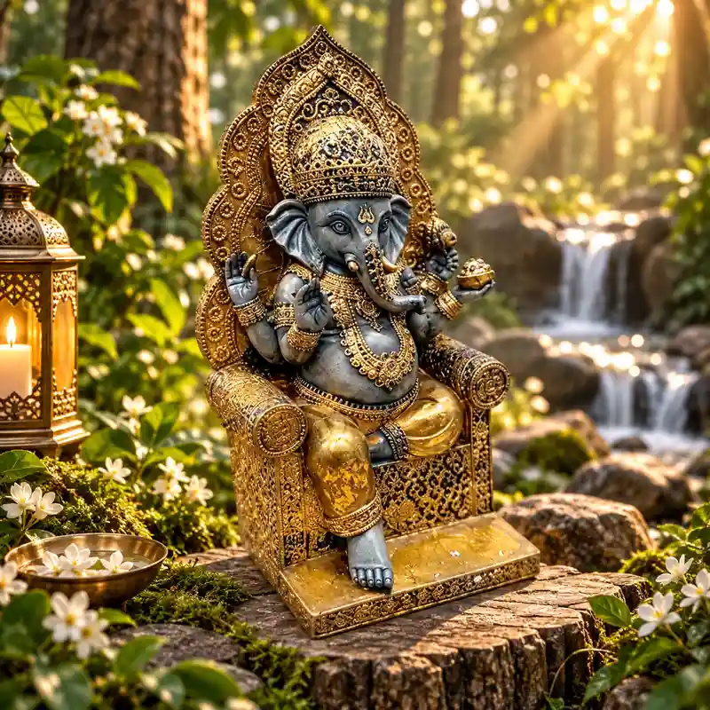 Figura Ganesha en trono de resina 24 cm dorado y gris1