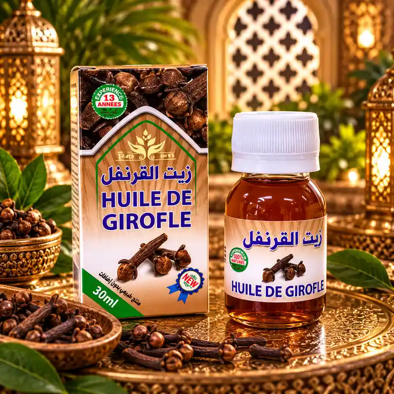 Aceite de Clavo Huile de Girofle 30 ml en frasco ámbar con caja y clavos de olor