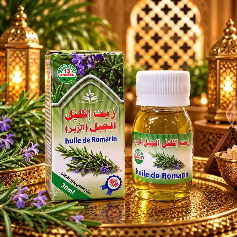 Aceite de Romero Huile de Romarin 30 ml con frasco dorado y caja decorada con ramas de romero