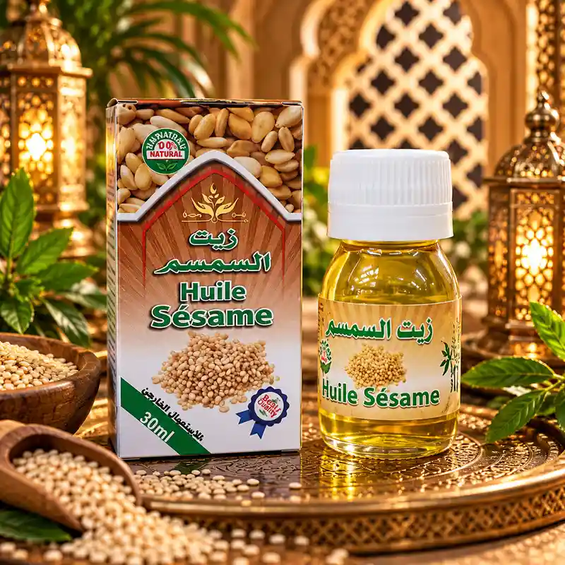 Aceite de Sésamo Huile Sésame 30 ml con frasco de aceite dorado y caja decorada con semillas de sésamo