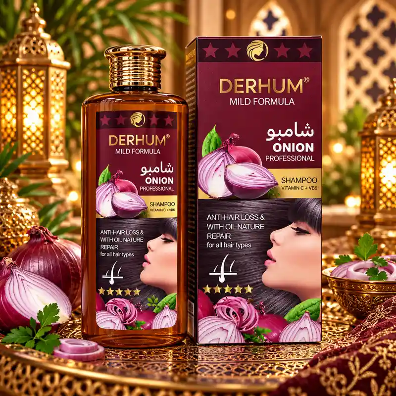 Champú de cebolla Derhum Professional con vitaminas C y B6 en botella ámbar y caja granate