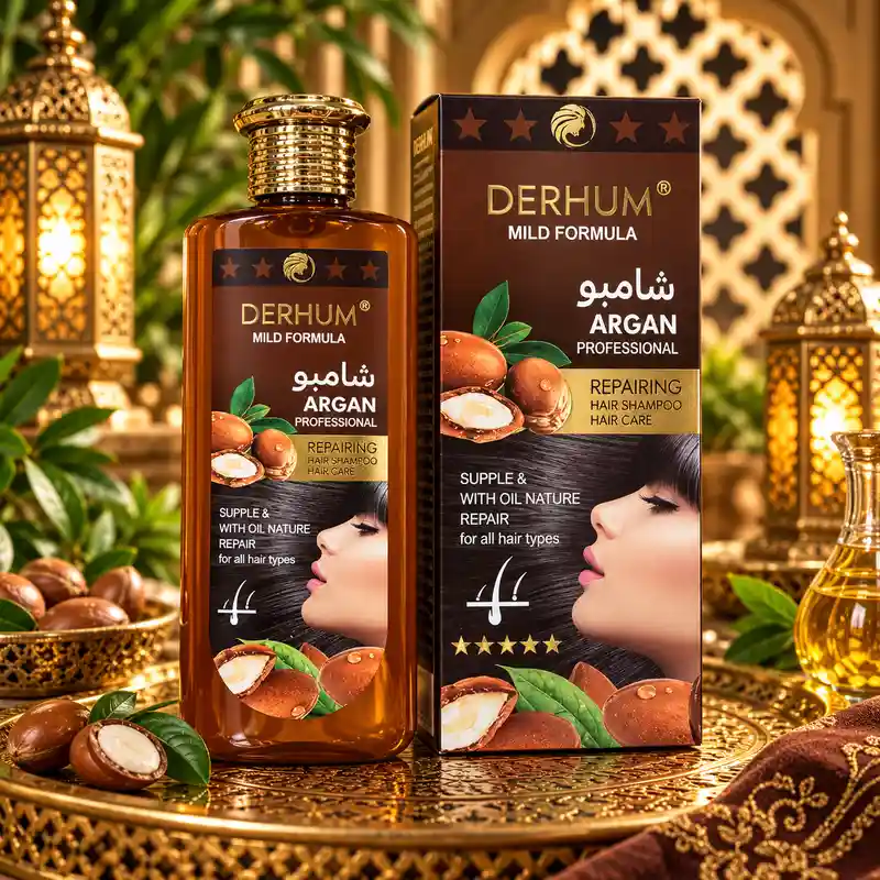 Champú de argán Derhum Professional reparador en botella ámbar con caja marrón y dorada