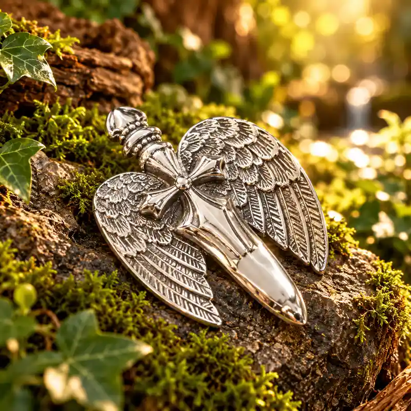 Colgante Espada San Miguel Arcángel de acero plateado de 37 mm con alas angelicales