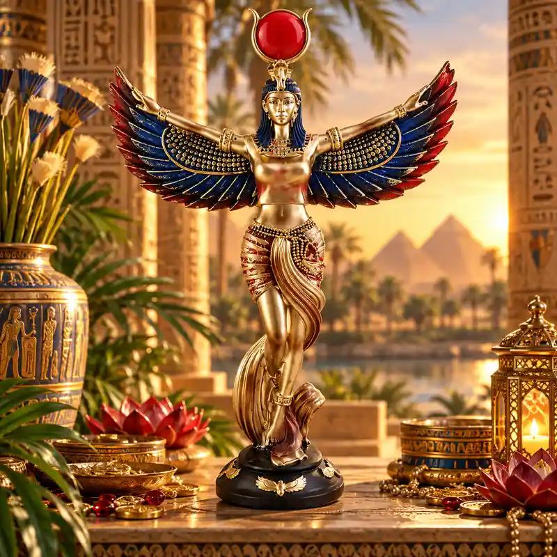 Figura Diosa Egipcia Isis Alada de resina dorada de 25 cm de altura y 17 cm de anchura