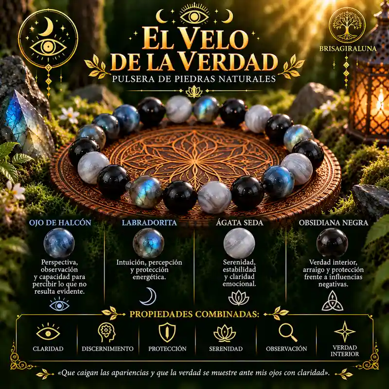 : Pulsera El Velo de la Verdad de Brisagiraluna con ojo de halcón, labradorita, ágata seda y obsidiana negra.