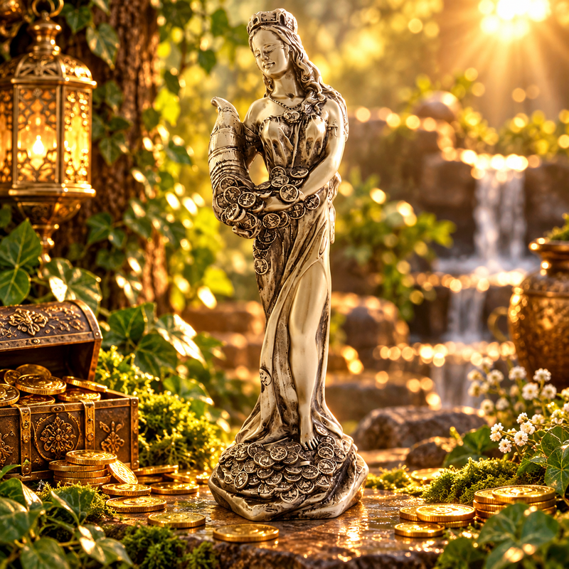Figura Diosa de la Fortuna Tique en resina de 27 cm con cuerno de la abundancia y monedas