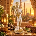 Figura Diosa de la Fortuna Tique blanco y dorado de resina 27 cm con cuerno de la abundancia