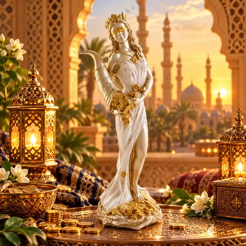 Figura Diosa de la Fortuna Tique blanco y dorado de resina 27 cm con cuerno de la abundancia