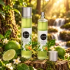 Ambientador Spray Acorde Té Verde y Lima 100 ml con envase verde y pulverizador, presentado en un bosque con limas y vegetación.