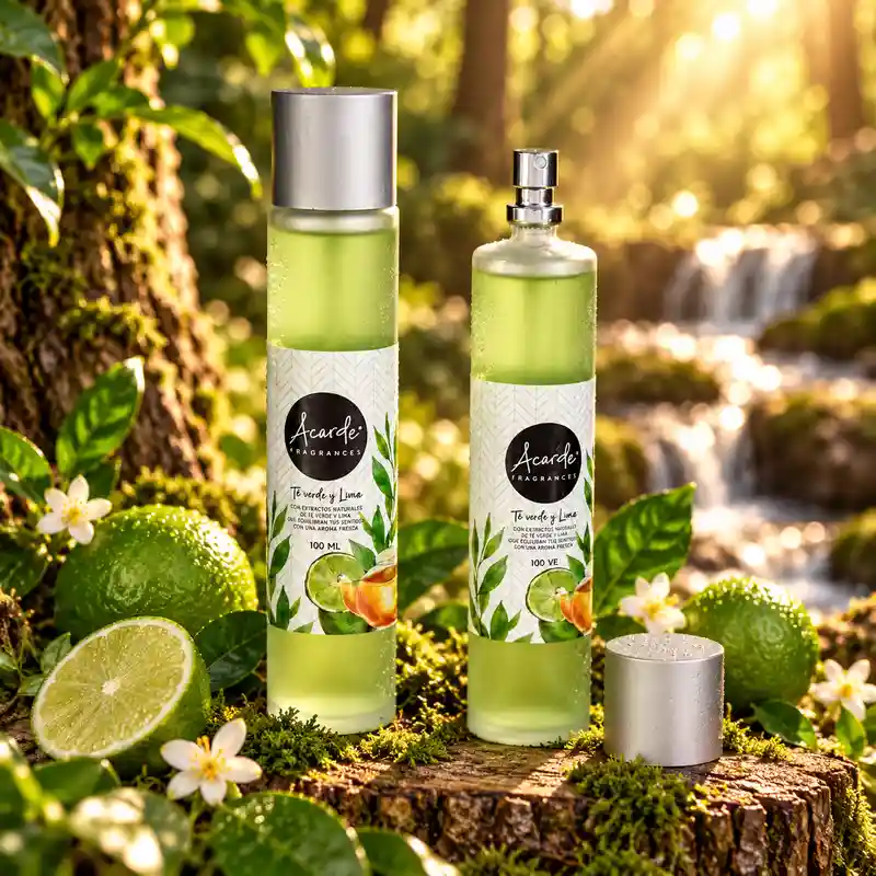 Ambientador Spray Acorde Té Verde y Lima 100 ml con envase verde y pulverizador, presentado en un bosque con limas y vegetación.