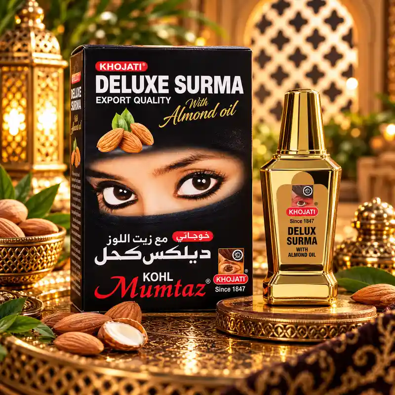 Khojati Deluxe Surma Kohl Mumtaz con aceite de almendras en envase dorado y caja negra