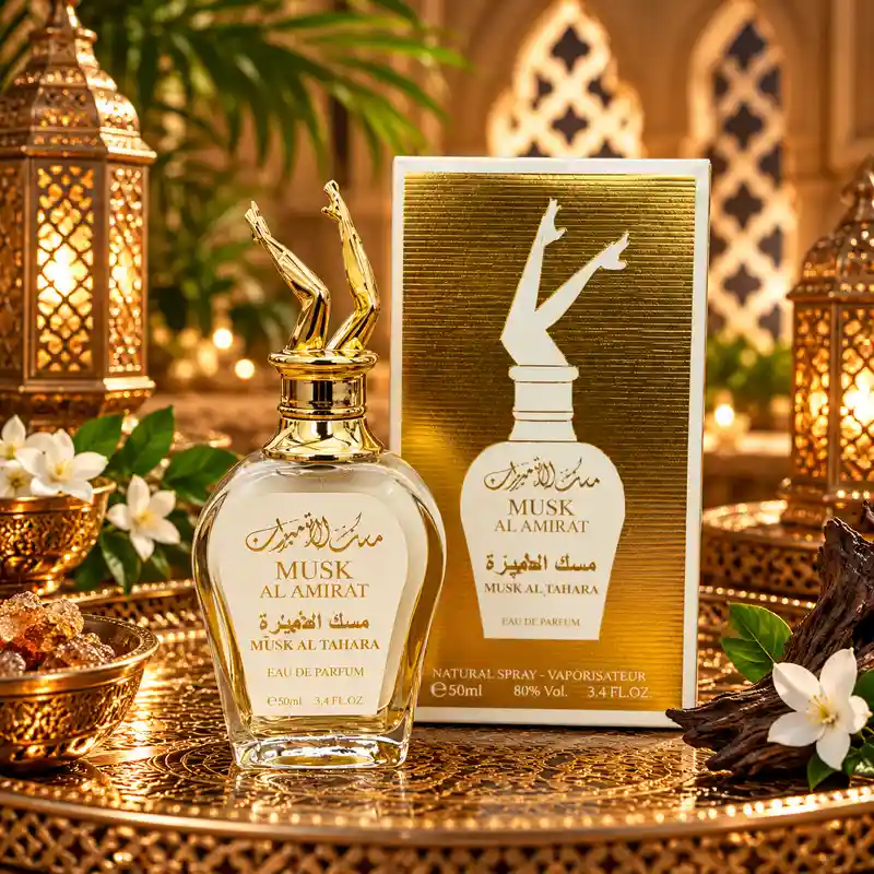 Perfume árabe Musk Al Amirat Musk Al Tahara Eau de Parfum con frasco transparente, tapón dorado y caja dorada