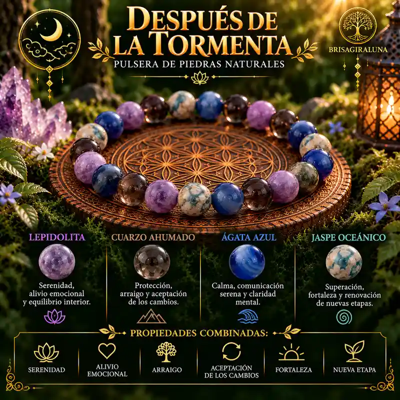 Pulsera Después de la Tormenta con lepidolita, cuarzo ahumado, ágata azul y jaspe oceánico