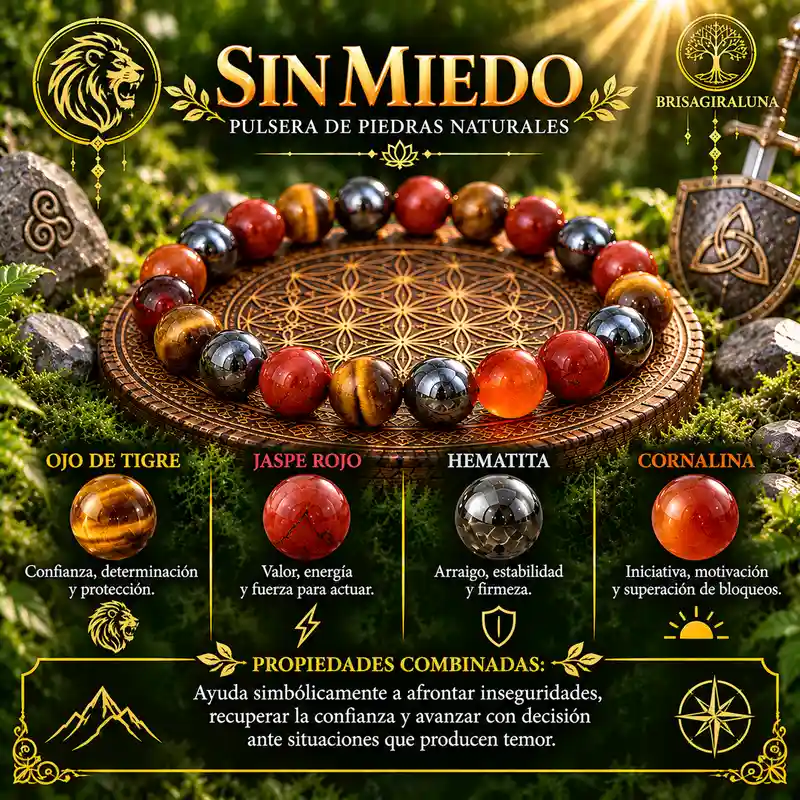 Pulsera Sin Miedo de Brisagiraluna con ojo de tigre, jaspe rojo, hematita y cornalina.