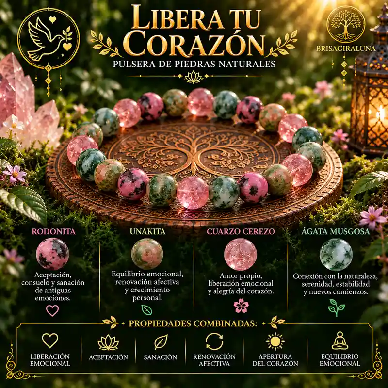 Pulsera Libera tu Corazón con rodonita, unakita, cuarzo cerezo y ágata musgosa