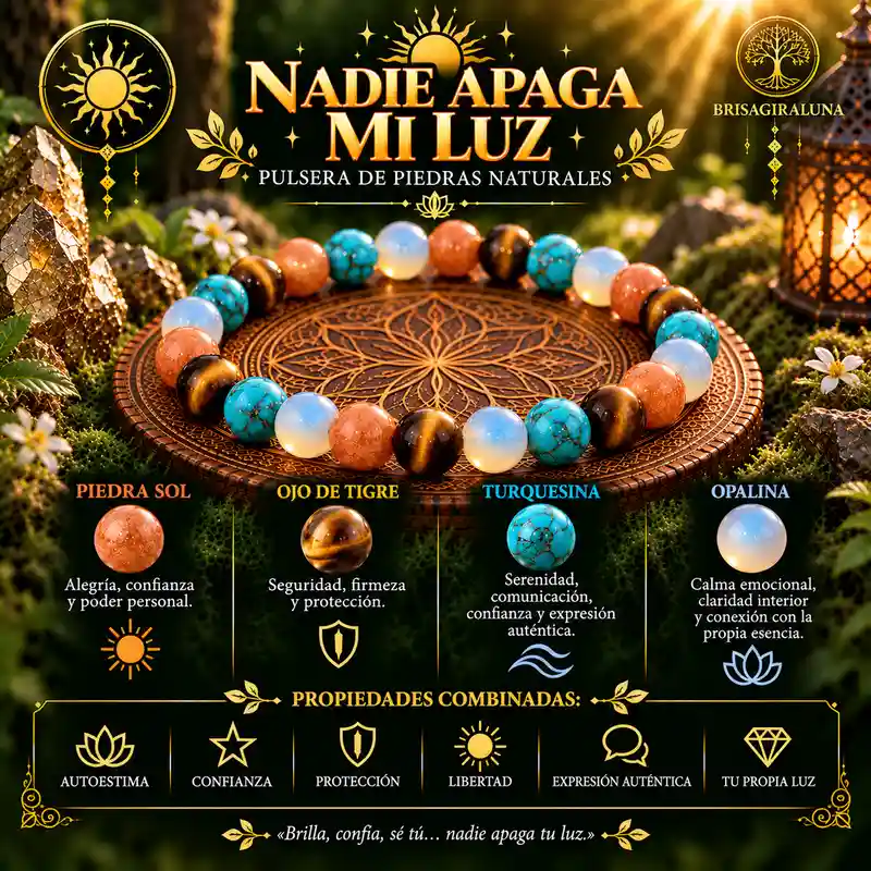 Pulsera Nadie Apaga Mi Luz de Brisagiraluna con piedra sol, ojo de tigre, turquesina y opalina.