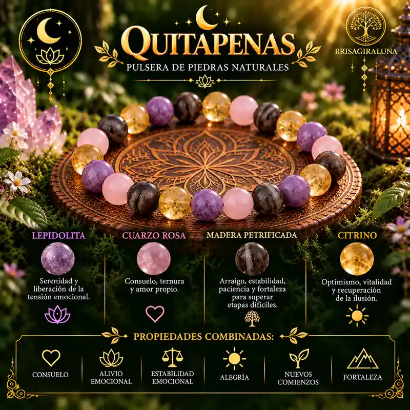 Pulsera Quitapenas Brisagiraluna con lepidolita, cuarzo rosa, madera petrificada y citrino.