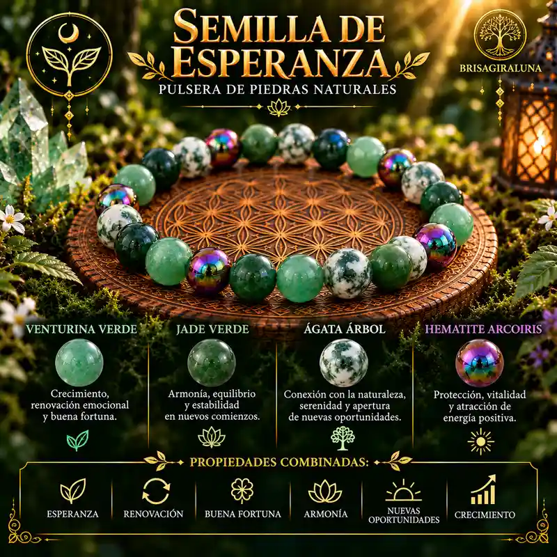 Pulsera Semilla de Esperanza con venturina verde, jade verde, ágata árbol y hematite arcoíris