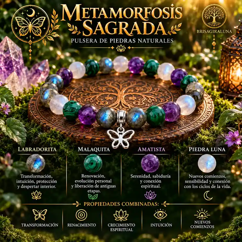 Pulsera Metamorfosis Sagrada de Labradorita, Malaquita, Amatista y Piedra Luna con mariposa