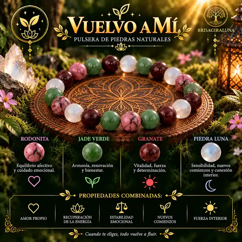 Pulsera Vuelvo a Mí de Brisagiraluna con rodonita, jade verde, granate y piedra luna.