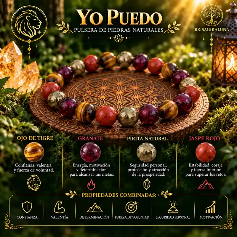 Pulsera Yo Puedo con ojo de tigre, granate, pirita natural y jaspe rojo