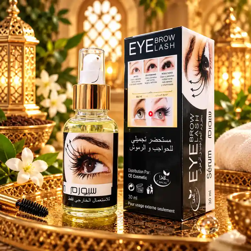 Sérum para pestañas y cejas Eyebrow Eyelash de 30 ml con frasco transparente, dispensador dorado y caja negra
