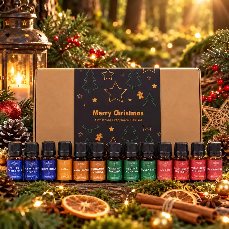 Set de 12 aceites aromáticos navideños Merry Christmas de 5 ml con fragancias de Navidad