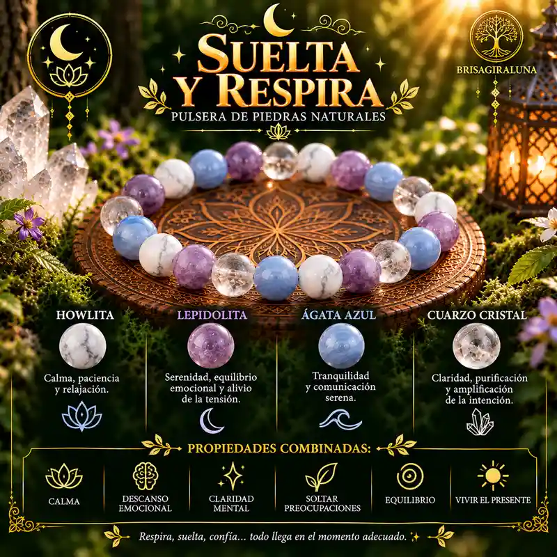 Pulsera Suelta y Respira de Brisagiraluna con howlita blanca, lepidolita violeta, ágata azul y cuarzo cristal transparente.