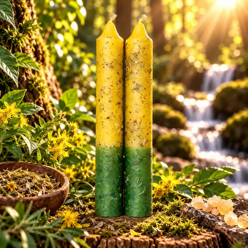 Dos velas rituales Desatrancadera amarillas y verdes con partículas vegetales sobre un tronco en un bosque junto a una cascada.
