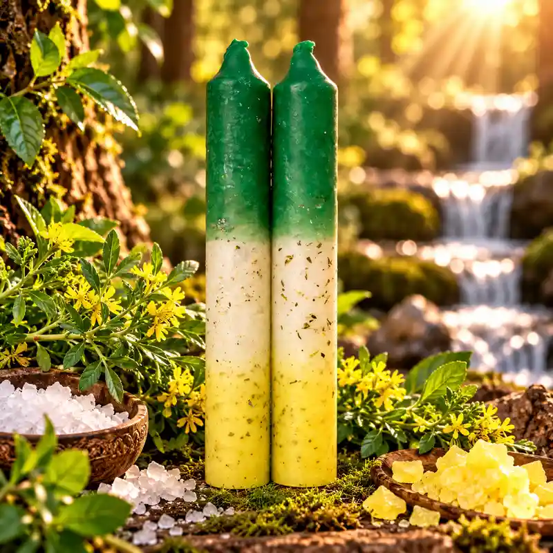Vela Ritual Mágico Ruda, Sal y Azufre para rituales esotéricos de limpieza energética y protección espiritual.