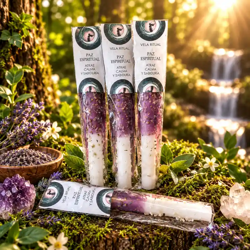 Vela Ritual Mágico Paz Espiritual y Física de colores violeta y blanco para rituales de calma y sabiduría.